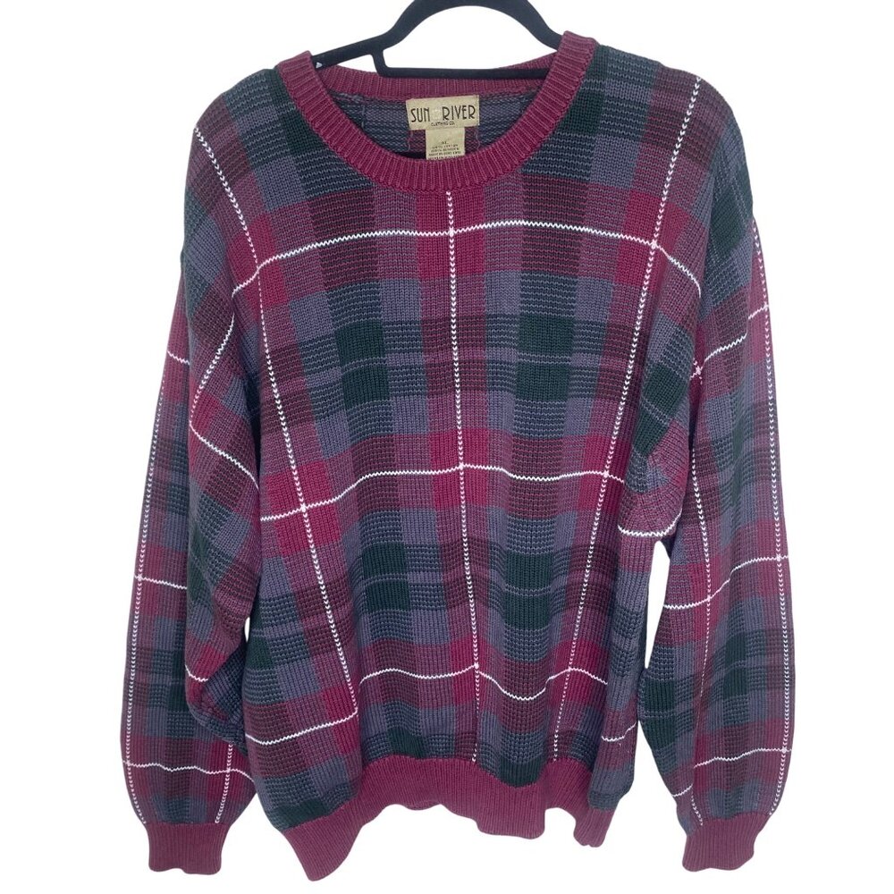 Vtg Sun River Cotton Plaid Sweater Mens XL Heavy‎ Knit Grandpa Winter Cabin